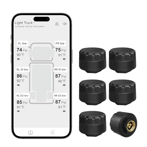 B-Qtech Tire Pressure Monitoring System with 6 External Sensors Wireless TPMS for Car Truck RV Motorcycle Real-time Display Pressure Temperature 6 Alert Modes Support iOS & Android