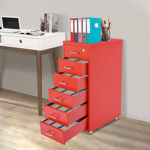 Image of 6 Drawer Vertical File Cabinet, Filing Cabinets for Home Office, Metal File Storage Cabinet with Lock & Wheels, Small Locking File Cabinet with Drawers for Letter /Legal /F4 /A4 (Red)