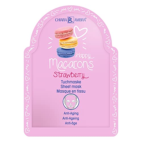 CHIARA AMBRA® Anti-Aging Tuchmaske „Macarons-Strawberry“ mit Hyaluron, Collagen und Erdbeer-Saft, Verwöhnt die Haut und die Sinne, Wirkt der Hautalterung entgegen, Inhalt: 25 ml Cover