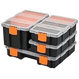 DURHAND Set Of 4 Plastic DIY Tool Storage Boxes w/Inside Dividers Locking Lids Home Garage Organisation Stacking Arts Crafts Bolts Black Orange