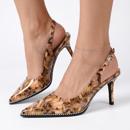 Image of YODEKS Slingback Heels for Women Pointy Toe Beaded Heels Close Toe Kitten Heel Pumps 2.5 Inch Stiletto Pumps Wedding Party Dressy Shoes