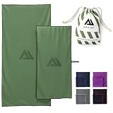 ALP & ACT Asciugamano in microfibra Set di 2-100% microfibra riciclata - EXTRA COMPATTO e leggero - 150x70 cm + 100x50 cm - Come telo mare, da viaggio o sportivo - Asciugamani con borsa - verde