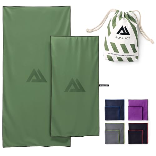 ALP & ACT Toallas de Microfibra Set de 2 100% recicladas   Extra COMPACTAS y ultraligeras   150x70 cm + 100x50 cm   Toalla de Viaje, de Playa y para Deporte   Paños Incluye Bolsa   Verde Oliva
