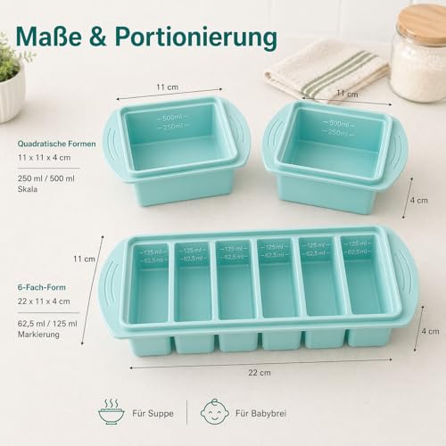 Set of 3 Silicone Freezer Moulds with Lid - Freezer Container for Soup, Baby Porridge & Complementary Foods in Practical Soup Cubes Style, for Freezing Broth, Porridge & Sauce, 6 x 125 ml + 2 x 500 ml — view 3
