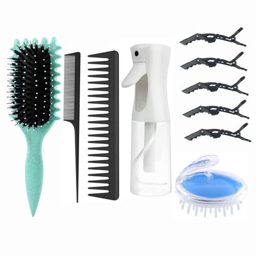 ABWXN Curly Hair Brush Set with Curl Defining Brushes Wide Tooth Comb Tail Comb HairSpray Bottle Hair Scalp Massager Brush and HairClips for Women Men Hair Styling