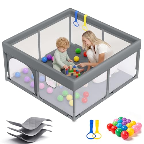 Baby Playpen with Play Mat 47x47 - Small Playpen for Babies & Toddlers, Activity Center, Indoor Outdoor, Grey