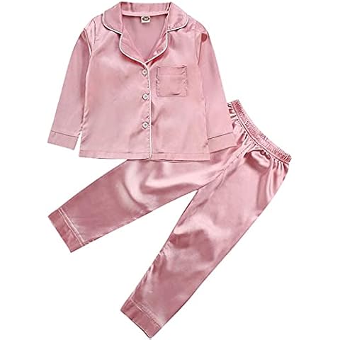 1-7 Years Toddler Kids Baby Boys Girls Silk Pajamas Sleepwear Outfits Newborn Baby 2Pcs Clothing Sets Long Sleeve T-Shirt Top with Pants Autumn/Spring/Summer/Winter (Pink,6-7 Years) Cover