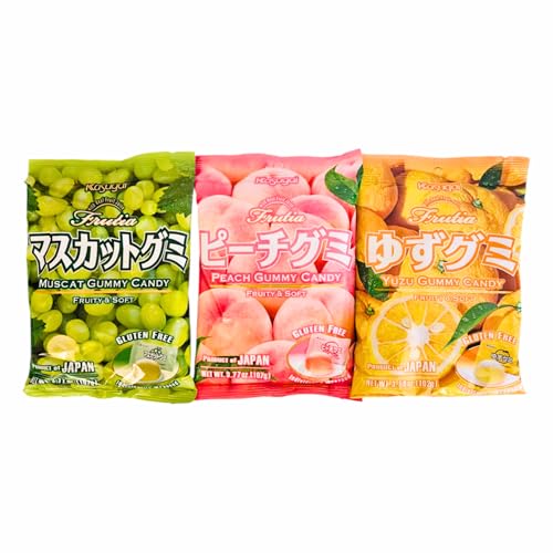 Umaya Kasugai Japanese Gummy Candy 3 Pack Variety Sampler - Muscat (3.77oz), Peach (3.77oz), & Yuzu (3.59oz) Flavors - Gluten Free Fruit Chews + Cartoon Snack Bag Clip