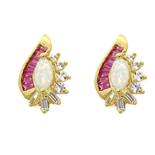 Elegant Touch Marquise Cut Opal Earrings Princess Cut Ruby & Round Cut Diamond Stud Earrings For Womens 14K Yellow Gold Plated #TOP1