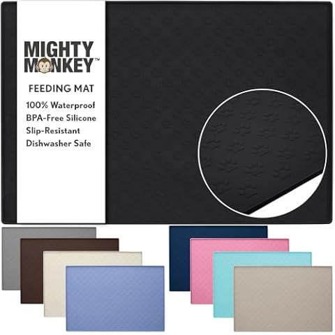 MIGHTY MONKEY 100% Waterproof Dog Food Mat, Raised Edges Silicone Pet Feeding Placemat for Cat, Dogs, Pet Bowls, High Lipped Tray Prevents Water Spills, Food on Floor, Dishwasher Safe, 18x12, Black Cover