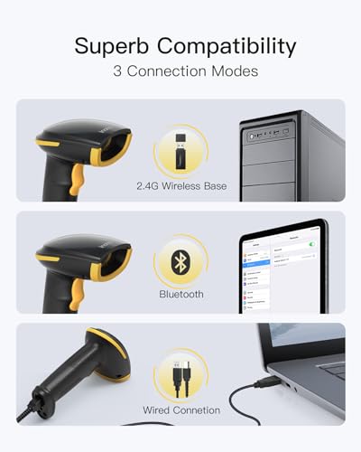 Inateck Escáner de Código de Barras Bluetooth, Lector de Código de Barras Inalámbrico USB 1D Portátil, 1 Carga al Mes, Escáner con Aplicación y SDK, BCST-21