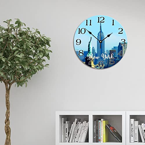 New York Usa Cityscape Wall Clock New York Scenery Travel 12 Inch Large Wall Clocks Battery Operated Silent Country City Souvenir Farmhouse Wall Decor For Kitchen Bedroom Living Room Classroom #TOP2