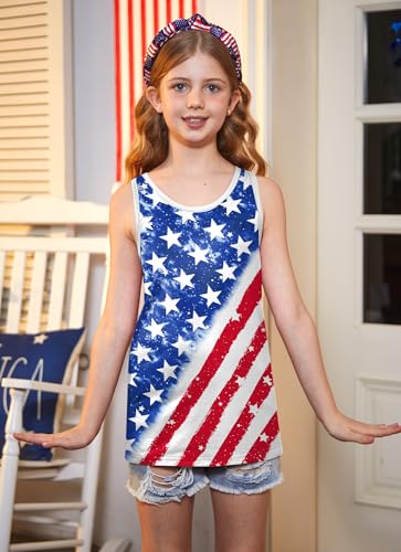 Image of 4th of July Girls Flag Tank Top Back Bow Sleeveless Patriotic Holidays T-Shirt 4-14 Years