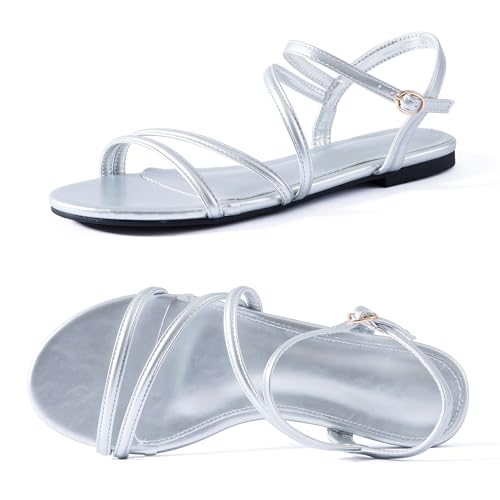 Image of Mtzyoa Women Flat Sandals Dressy Strappy Gladiator Summer Ankle Strap Nude Open Toe Comfortable Wedding Casual Leather Ladies Party Trendy Vacation