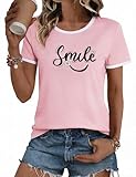 Aottori Camisetas Mujer Manga Corta Top Verano con Estampado Sonrisa Flor Margarita Cuello Redondo Blusa Casual Suelta Básica Rosa L