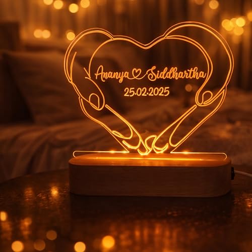 Image of Personalized UV Printed Photo 3D Illusion LED Table Lamp for Couple Gift for Anniversary, Wedding, Marriage, Valentine Day- Your Wooden Base Text Egraved (Multi)