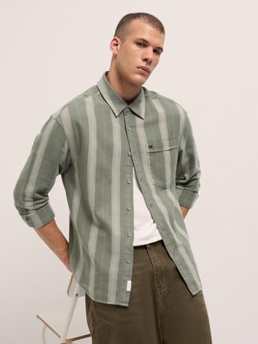 Image of THE BEAR HOUSE Men's Pure Cotton Striped Relaxed Fit Overshirt