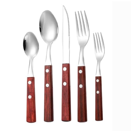 Solid Wood Handle Kitchen Stainless Steel Silverware Tableware Flatware Cutlery Knives Forks Spoons Set Home Steak Knife Dessert Spoon (B,5 pieces)