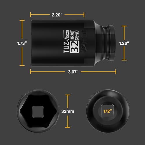 Image of 1 /2 Inch Drive 32mm Deep Metric Impact Socket,CR-MO,6 Point Radius Corner Design,Square Chamfered Opening,Axle Nut Impact Grade Socket for Easy Removal