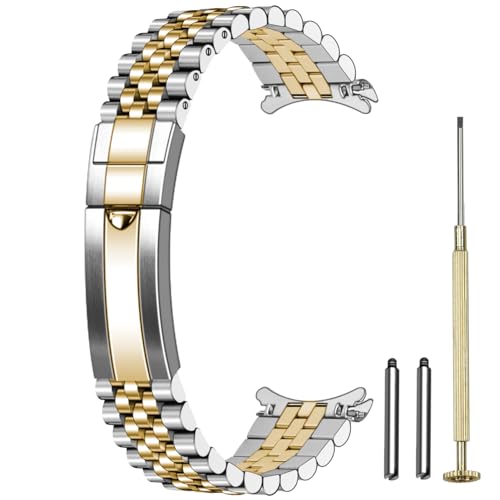 Image of Juntan Screw-in Stainless Steel Watch Band 20mm 21mm 22mm for Men Women, Curved End Straight End Metal Watch Strap with Oyster Buckle, Taperd Replacement Jubilee Bracelet Silver Gold