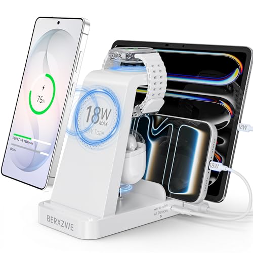 Wireless Charger for Samsung: 5 in 1 Samsung Wireless Charging Station for Galaxy S26Ultra/S25/S24, Charger Dock Stand for Galaxy Watch8/7/6/5, Android Charging Station for All USB-C Buds, White