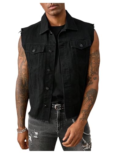 GORGLITTER Mens Denim Vest Button Down Grunge Goth Frayed Sleeveless Vintage Ripped Jean Jackets Streetwear Outerwear Black Medium