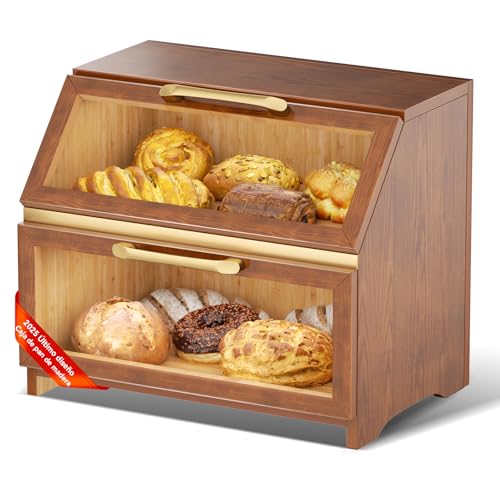 Panera de madera con ventilación para la encimera de la cocina, gran recipiente para guardar pan casero, organizador de panera de estilo rústico para la esquina de la de la cocina, el armario (nuez)