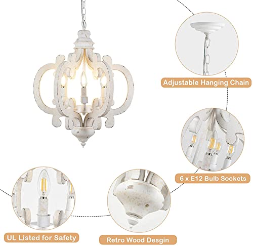HMVPL 6-Lights Farmhouse Chandelier, Wood Pendant Light Fixtures, Rustic Chandeliers for Dining Room Bedroom Kitchen Island Foyer Hallway Front Door - Thumbnail 5
