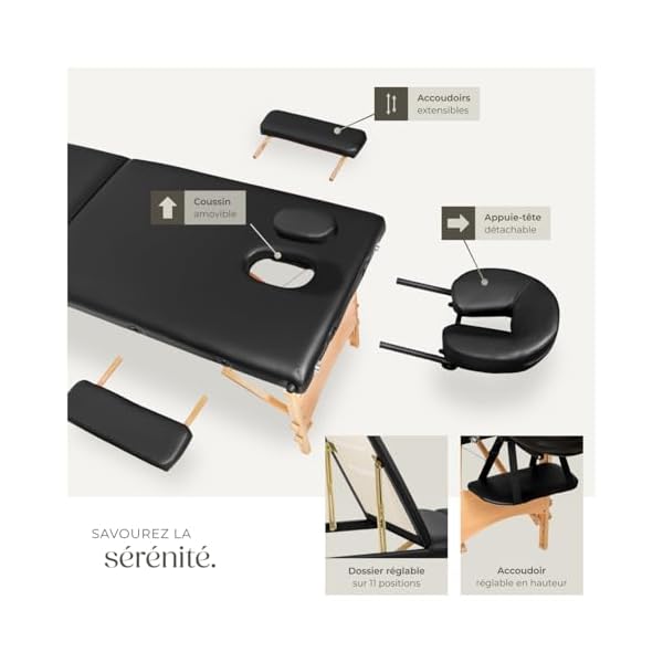 Table de Massage Pliante Professionnelle 3 Zones Massage et Relaxation Bois Table Esthetique Professionnel Cosmetique Lit de Massage Portable Repose Bras & Housse de Transport - Noir