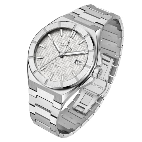 CADISEN Men’s Automatic Watch Mechanical Waterproof Sapphire Watches for Men Stainless Steel Strap Wristwatch (White)