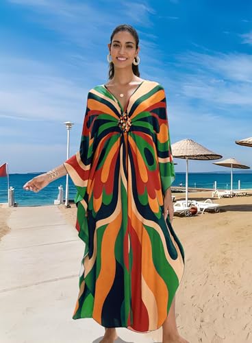 Image of Yanziliu Kaftan Dress for Women,Plus Size Hawaiian Batwing Sleeve Beach Cover Up Summer Swimsuit Dresses