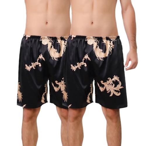 Men's 2 Pack Satin Pajama Shorts Boxers Underwear Soft Pj Summer Casual Spandex Mid Rise Sleeping Silky