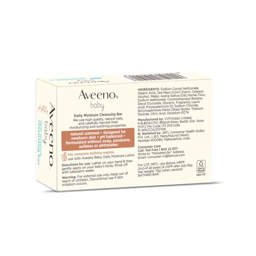 Image of Aveeno Baby Daily Moisture Cleansing Bar 75g | With natural Oatmeal, Glycerin and Shea Butter | Co-created with Pediatricians and Dermatologists for newborn sensitive skin | pH balanced, free of soap, parabens sulfates and phthalates