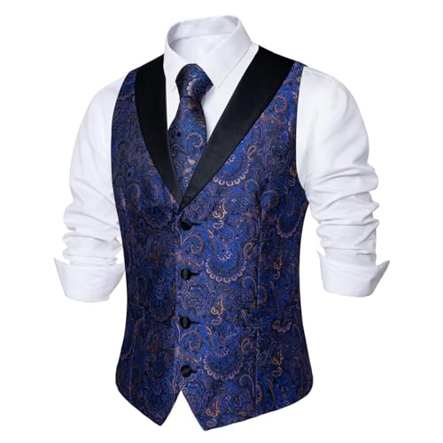 Image of DiBanGu Mens Paisley Suit Vest Silk Jacquard Waistcoat and Necktie Set Formal Shawl Collar Dress Vest 7PCS for Wedding Party
