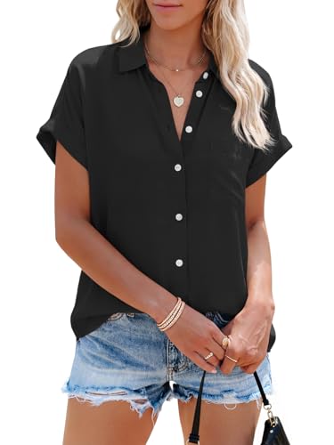 Cicy Bell Camicetta da Donna a Maniche Corte con Scollo a V e Bottoni, Top Estivo Casual, Nero, XXL
