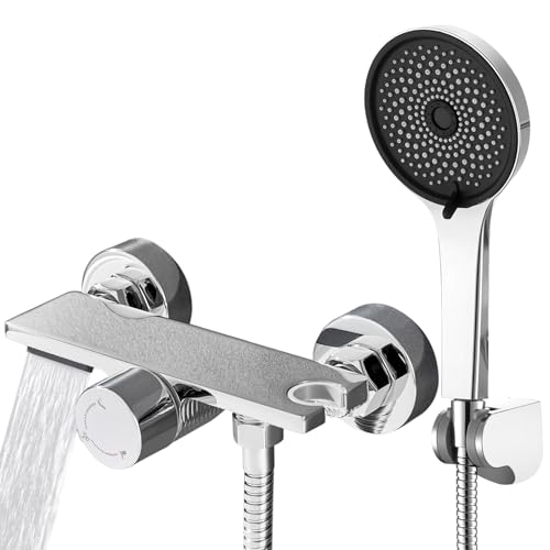 Auralum Badewannenarmatur mit Handbrause, Badewannenarmaturen Wasserfall mit Duschkopf, 1.5m Edelstahl Schlauch und Wand Halterung, Messing Duscharmatur mit Ablage und Duschbrause für Bad, Chrom