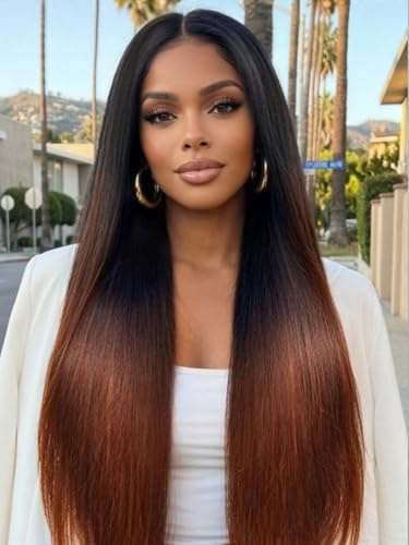 Image of KLAIYI Yaki Straight V Part Wig Human Hair Ombre Reddish Brown Upgrade U Part Wig with Dark Roots No Leave Out Drawstring Clip In Half Wigs Glueless 30S Ready to Wear and Go Beginner Friendly 24Inch