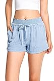 Love Tree Women's Juniors High Rise Smocked Waist Shorts (S, Light Blue)