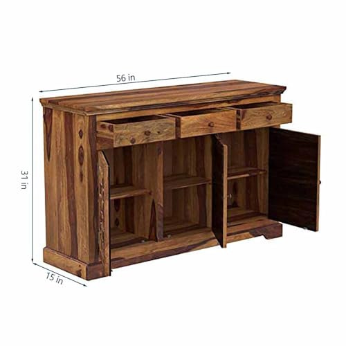 Image of SHIKHA WOOD CRAFT Solid Sheesham Wood Sideboard Cabinet With 3 Drawer and 3 Door Storage | Wooden Multipurpose Cabinet Storage Furniture for Living Room, Office, Home, Kitchen (Provincial Teak Finish)