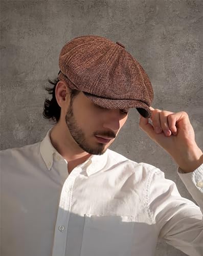 Image of Linen Men's Newsboy Flat Cap .8 Panel Ivy Cabbie Hat,Breathable Summer Gatsby Ivy Irish Fishing Hats,Paperboy Hats for Men