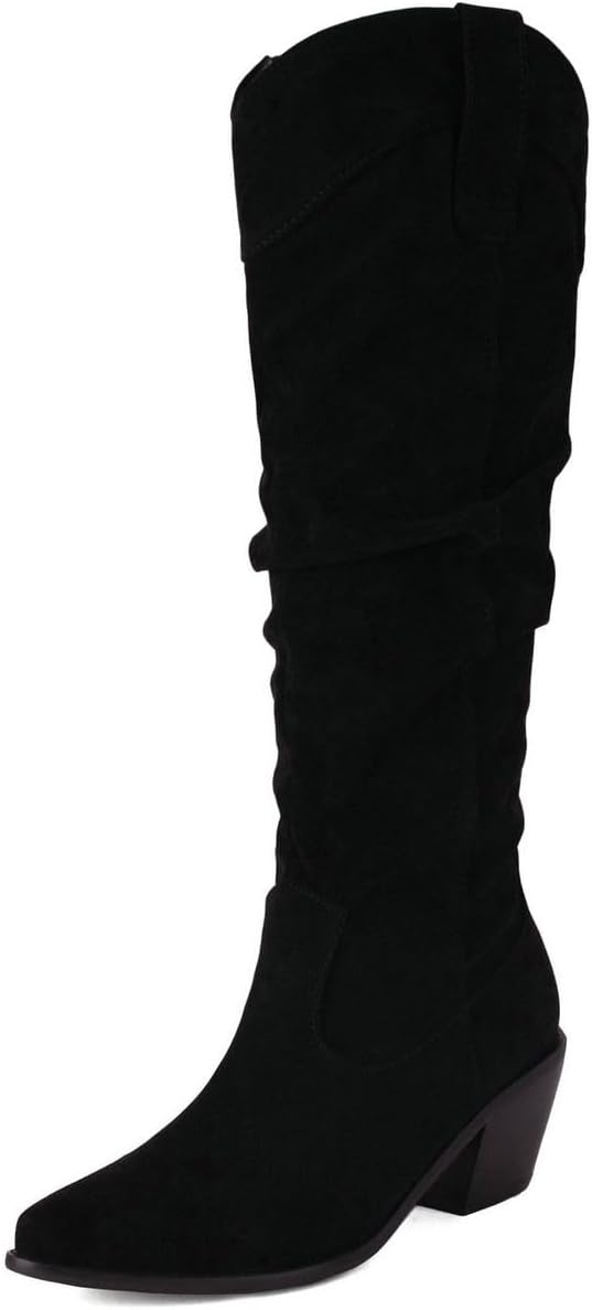 DINTAHA Slouchy Boots For Women,Suede Knee High Cowboy Boots Slouch Heeled Cowgirl Boots