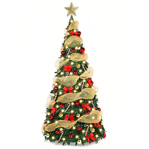 UONNO 6Ft Prelit Christmas Tree Pop Up Tree Decorations, Artificial Xmas Tree with Ornaments,Pre Decorated with 150 Lights Holiday Indoor Party Decorations