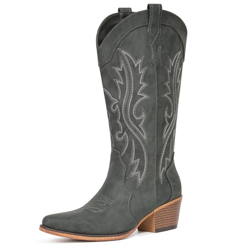 Image of IUV Cowboy Boots For Women Western Cowgirl Boots with Chunky Heel Mid Calf Snip Toe Ideal for low insteps