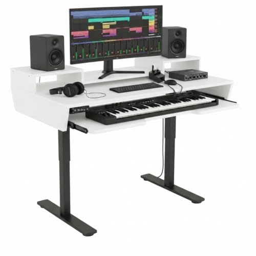 Image of TEKAVO Kreate Studio Table Height Adjustable Music Production | Monitor Riser + Long Keyboard Tray | Desk for Editing Studio, Gaming, Workstation | White, Metal | 153L x 76.5 W x 70 to 120H CM | DIY