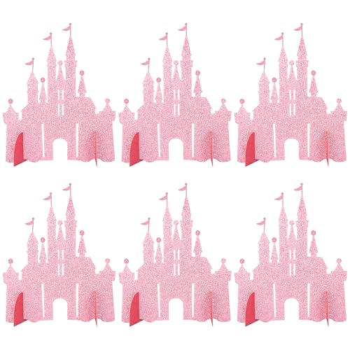 Gyufise 6 Pack Castle Table Centerpiece Glitter Princess Theme Castle Table Toppers for Birthday Baby Shower Princess Party Table Decorations Supplies Pink
