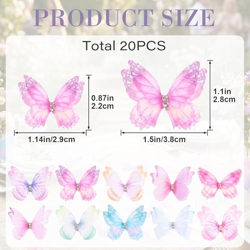 STSTR 20PCS Small Organza Butterflies, 3D Double Layer Mesh Fabric Butterflies, 2 Sizes Cute Butterfly Embellishments for Crafts Decorations for Spring Parties Wedding -10 Colors