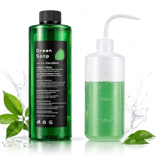 Anghie Green Soap Tattoo 8.5OZ (250ML) Ultra Concentrated with Squeeze Bottle 8.5OZ (250ML) Kit Professional Vegan Formula Skin Cleanser Tattoo Soap for Tattoos and Piercings