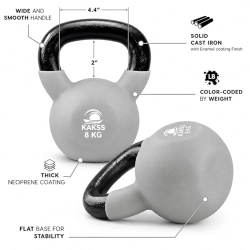 Image of KAKSS Half Coating Neoprene Kettlebell, 8kg Grey Cast Iron Kettle Bell with Non-Slip Grip Handle for Strength Training, Home Gym Workout Equipment for Men & Women (Proudly Made in India)