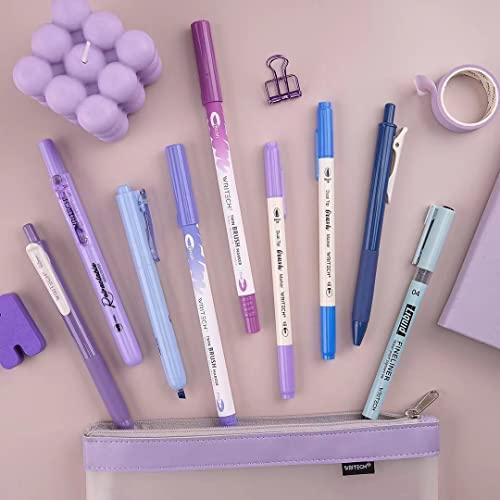 Image of WRITECH Journaling Kit, Gel Ink Pens /Retractable Highlighters /Dual Tip Brush Pens /Fineliner Pens, Smooth Writing Assorted Colors Journaling Supplies, 9 Count with Pen Bag (Haze blue & purple)