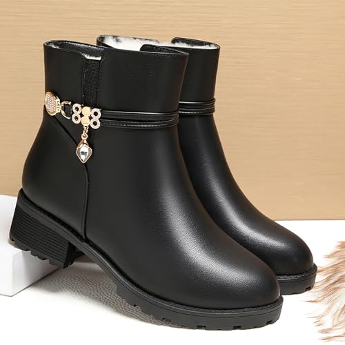 Women'S Leather Low Block Heel Booties Fashion Round Toe Rhinestones Warm Fully Fur Lined Side Zipper Platform Snow Boots4